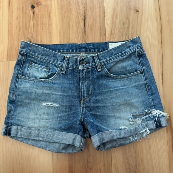 rag & bone Pants - Rag & Bone Jean Shorts with Cuffed Hem and Distressing in Surfer Rep, Size 28